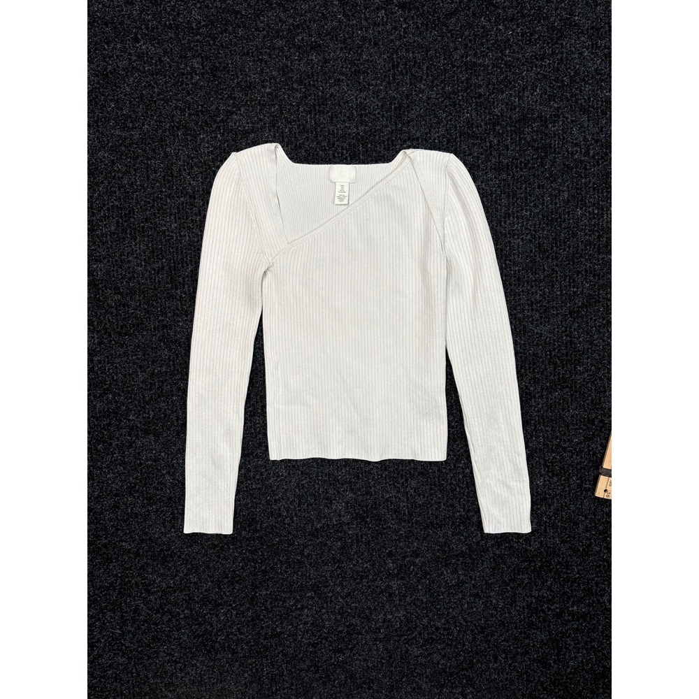 H&M Womens Small Off White Ribbed Asymmetrical Square Neck Long Sleeve Top